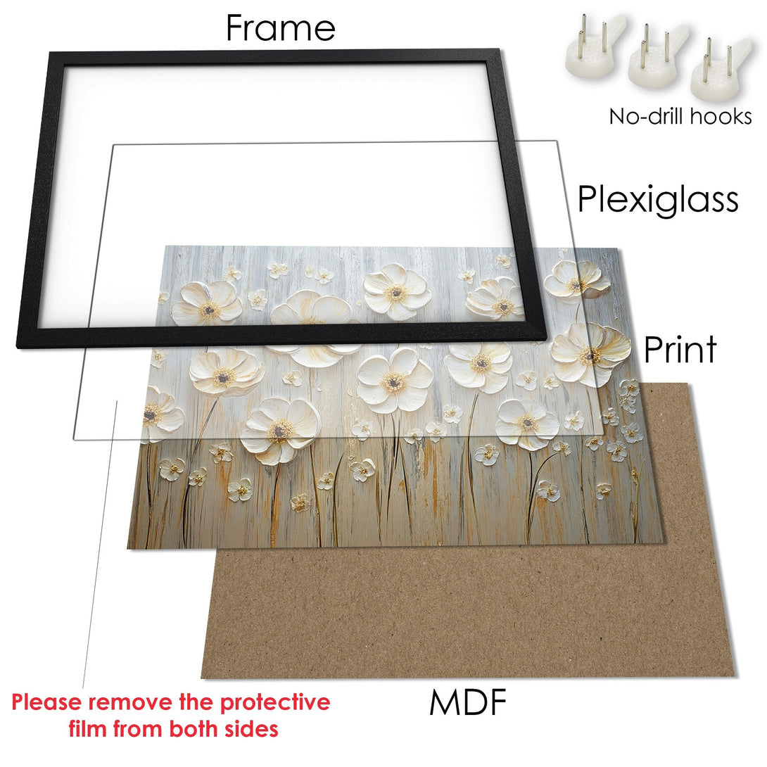 Framed Poster of white floral art with a neutral color palette. Modern wall decor for any space.