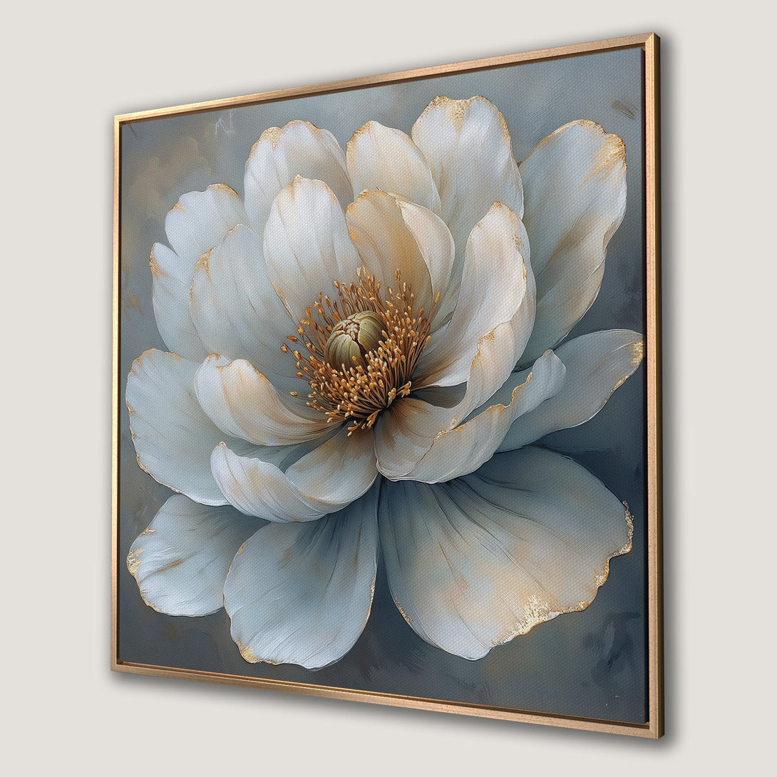 Framed Wall Art: Elegant floral canvas print in a modern style. Features a white flower with gold accents on a muted blue and gray background.