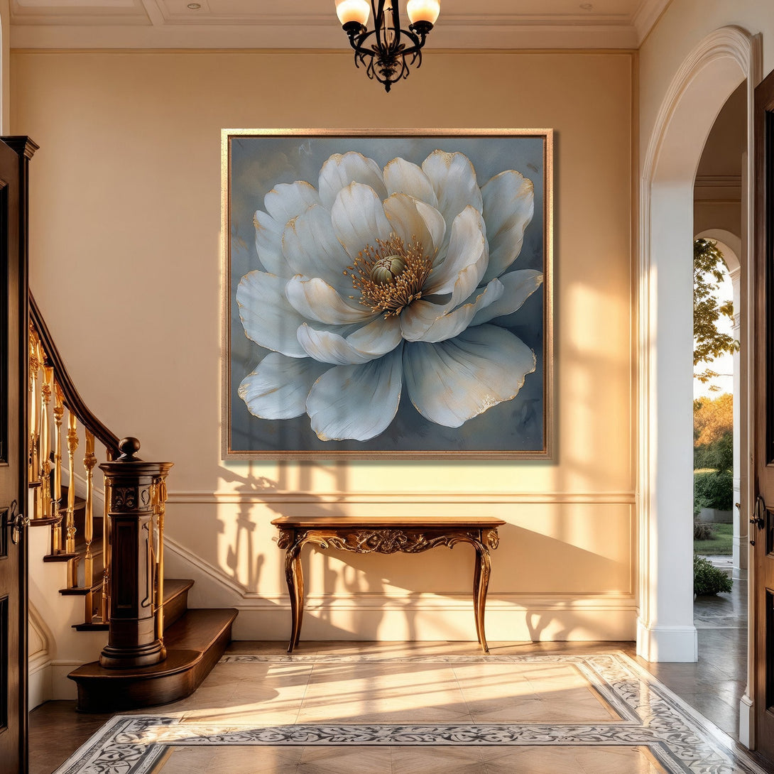 Framed Wall Art featuring a large, elegant floral print in a soft blue and gold palette, displayed in a luxurious interior setting.