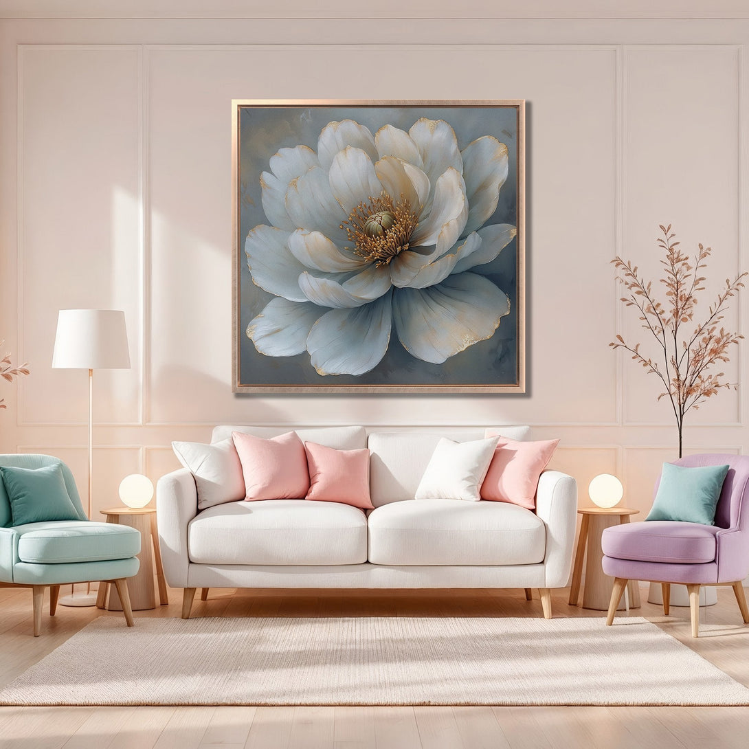 Framed Wall Art: Elegant floral Canvas Print in soft blue and gold tones. Perfect for adding a touch of modern art to your living room decor.