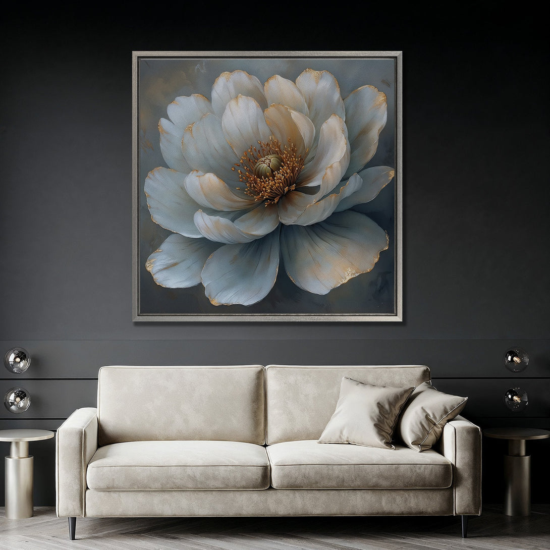 Framed Wall Art featuring a large, elegant floral painting. Soft blue and gold hues create a luxurious feel. Perfect for adding a touch of art to your space.