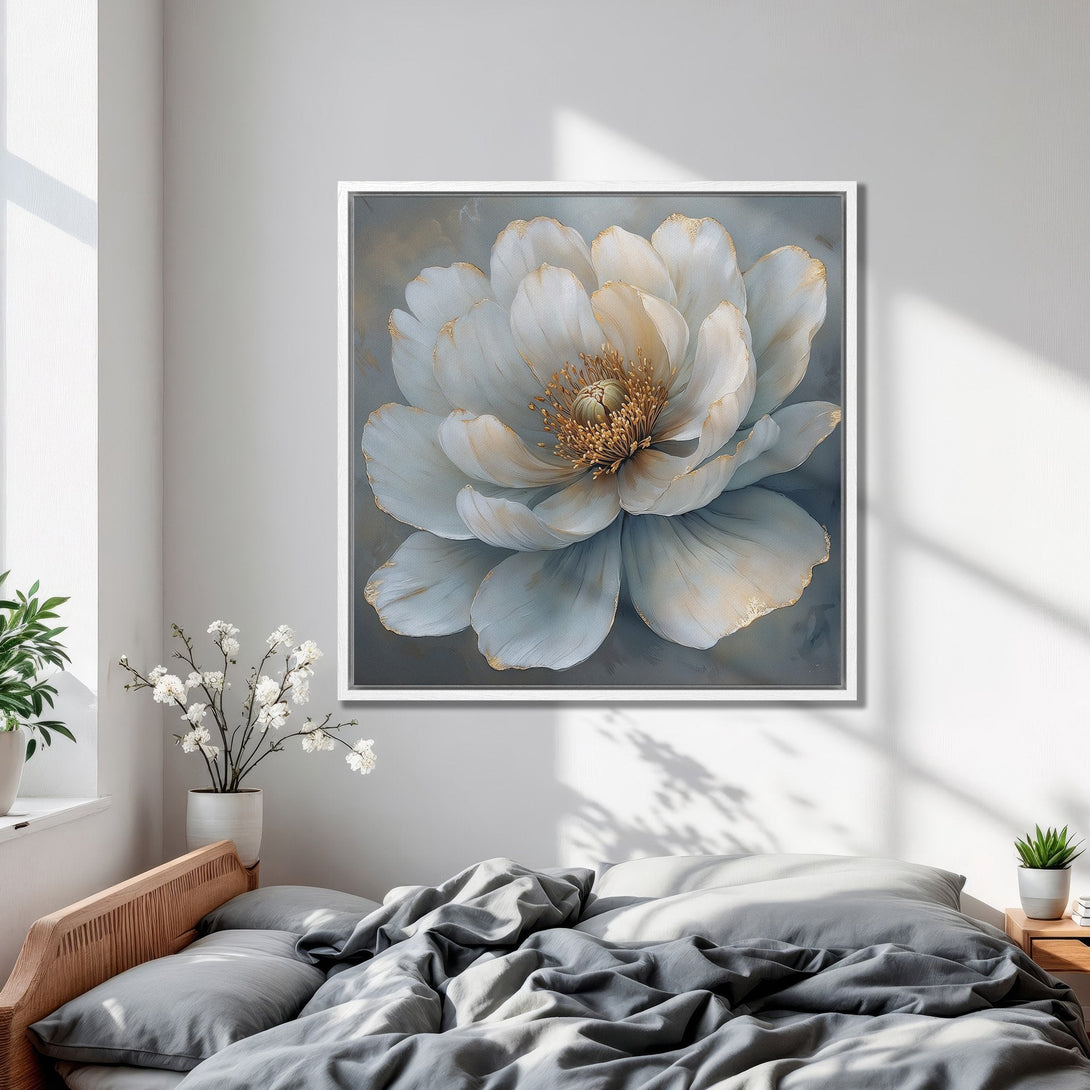 Framed Wall Art: Elegant floral Canvas Print in soft white, gold, and gray tones. Perfect bedroom decor for a calming, modern aesthetic.