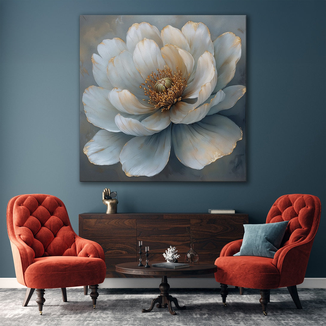 Framed Wall Art featuring a large, elegant floral painting in a gold frame. Soft blue, white, and gold color palette enhances the modern interior.
