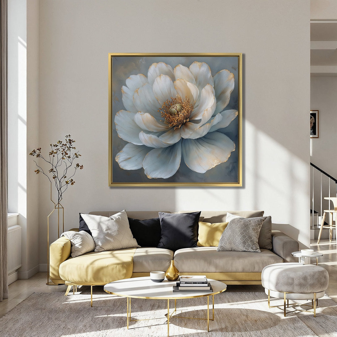 Canvas Print of a large white and gold floral painting, displayed in a stylish interior with a teal and orange color palette.