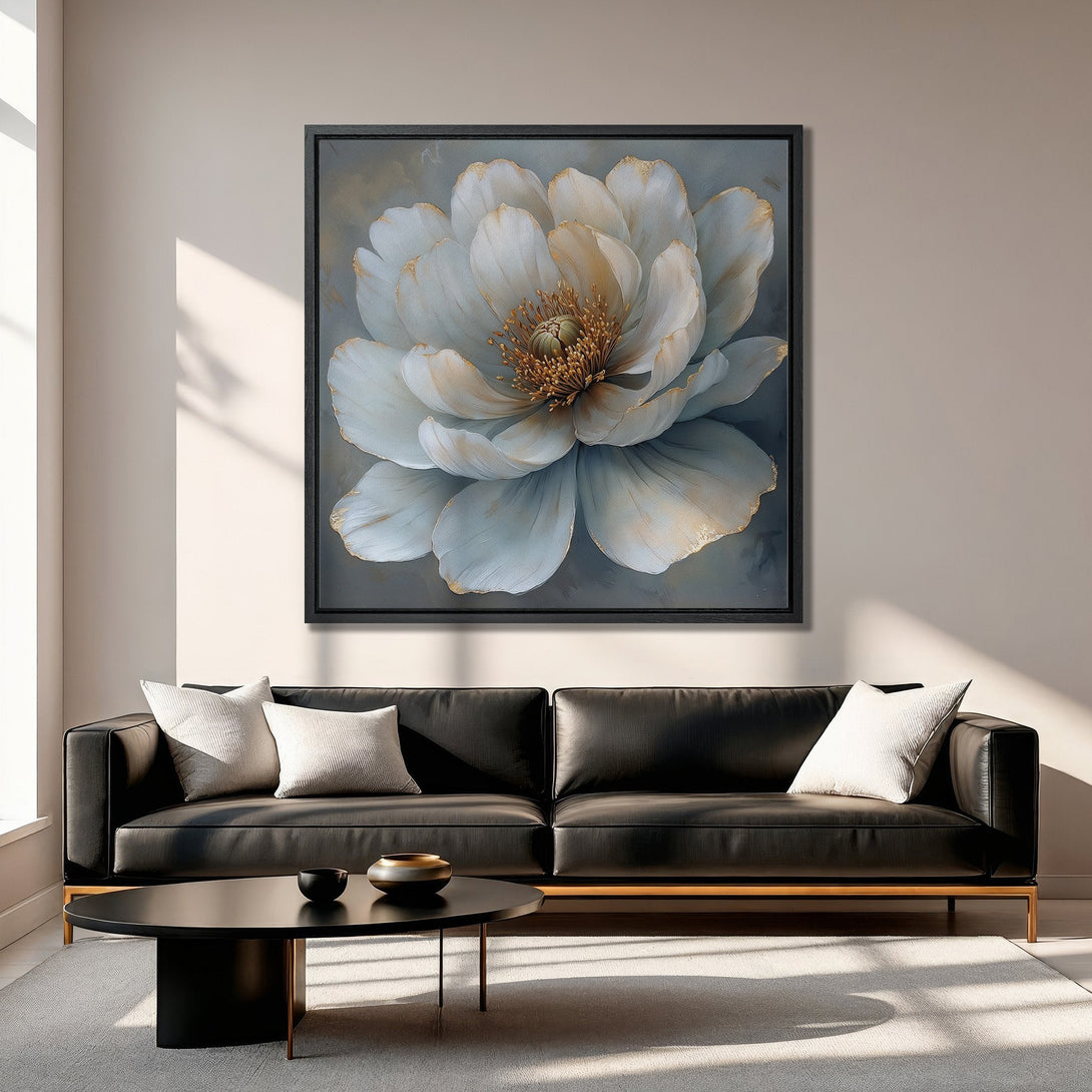 Framed Wall Art featuring a stunning white flower with gold accents. Elegant floral art in a neutral color palette, perfect for living room decor.