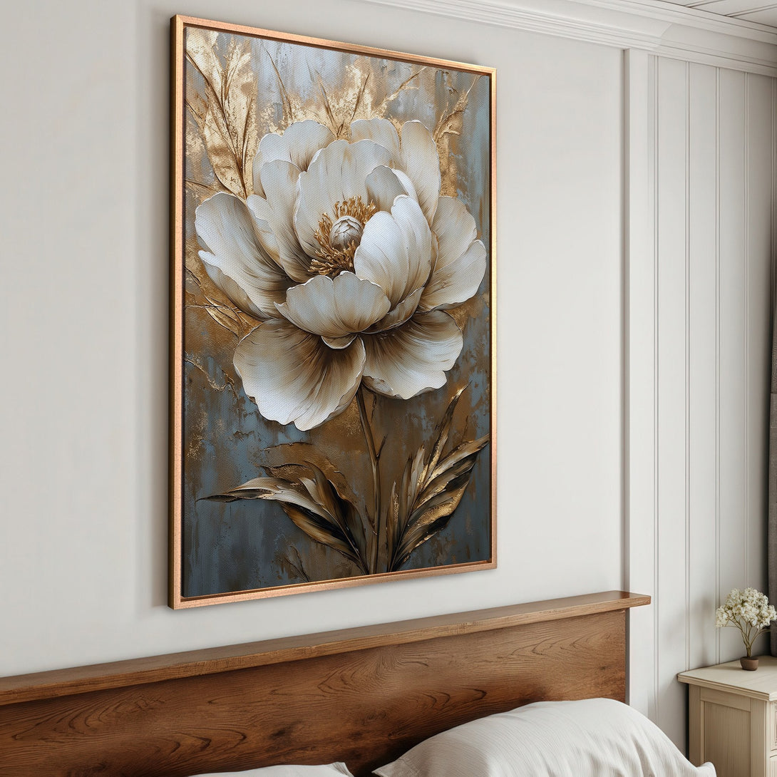 Framed Wall Art: Elegant floral canvas print in neutral tones of gold, white, and gray. Perfect for adding a touch of sophistication to any bedroom.