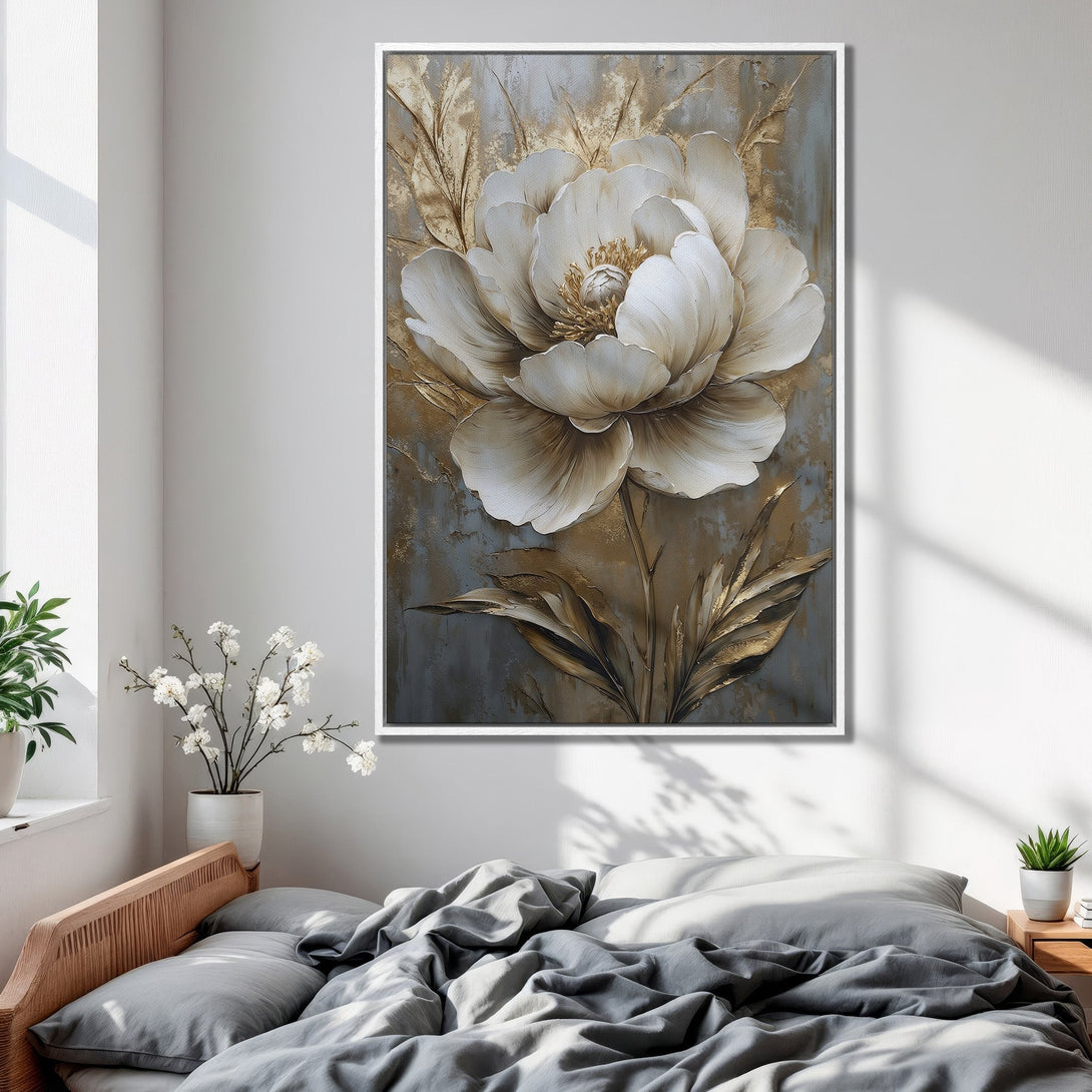 Framed Wall Art: Elegant floral canvas print in neutral tones. Perfect bedroom decor with white, gold, and gray color palette. Elevate your space with this stunning artwork!