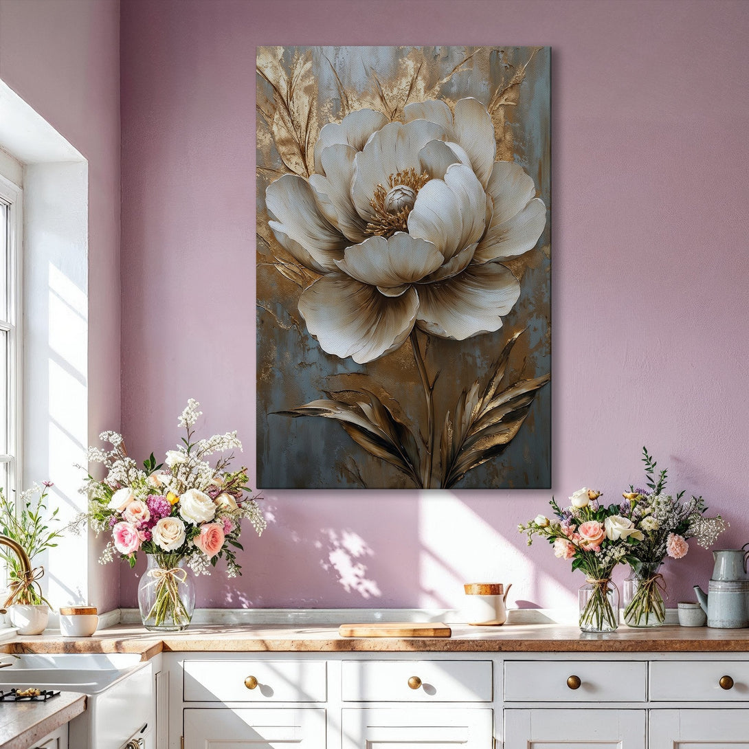 Framed Wall Art featuring a large, textured white flower with gold accents. Elegant, abstract style with a neutral color palette, perfect for home decor.