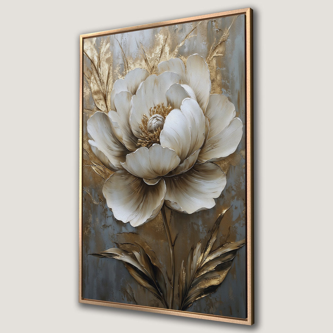 Framed Wall Art: Textured floral canvas print in neutral tones (white, gold, gray). Modern botanical art for elegant home decor.
