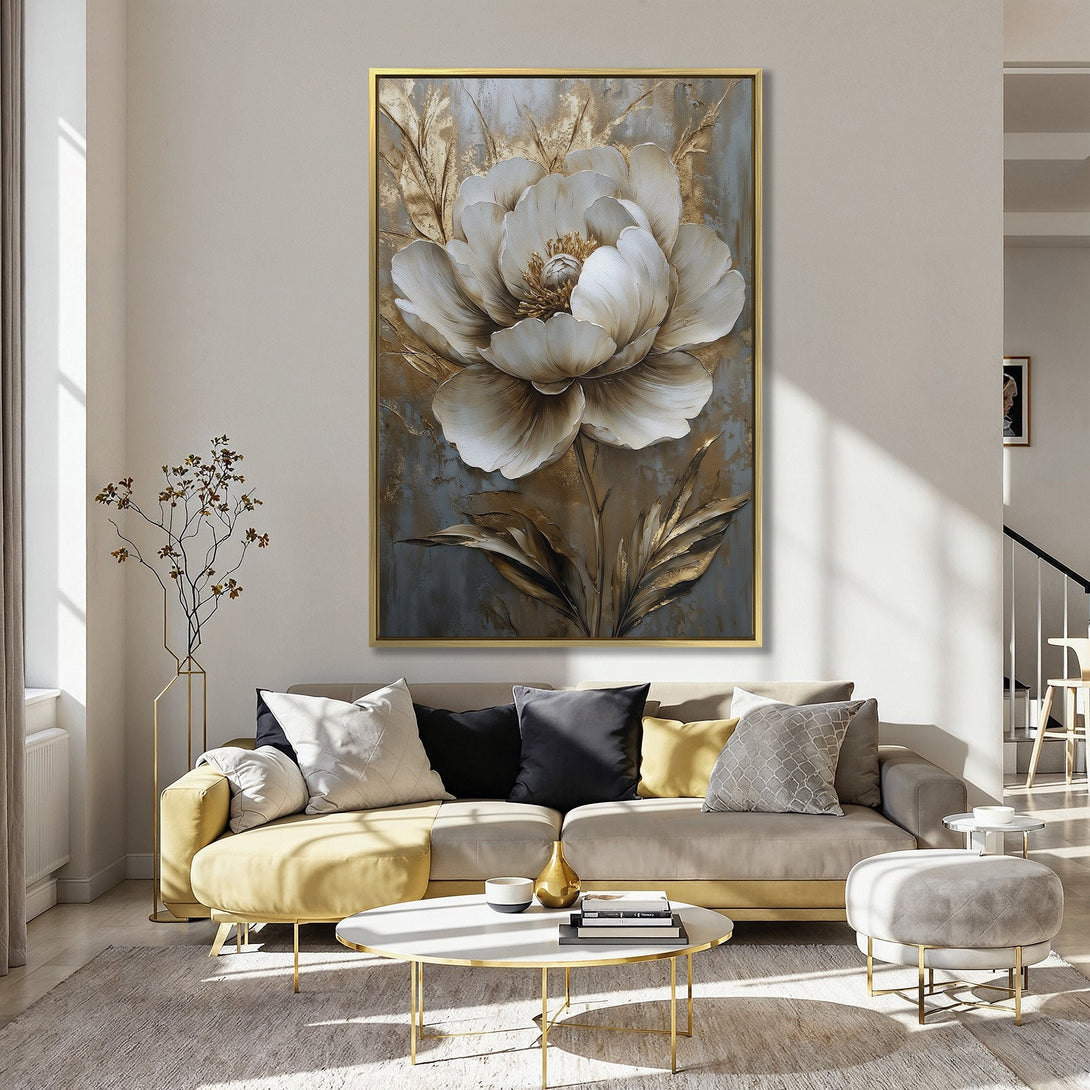 Canvas Print of a large, elegant floral painting in neutral tones. Adds a touch of sophistication to any space. Features gold and white accents.
