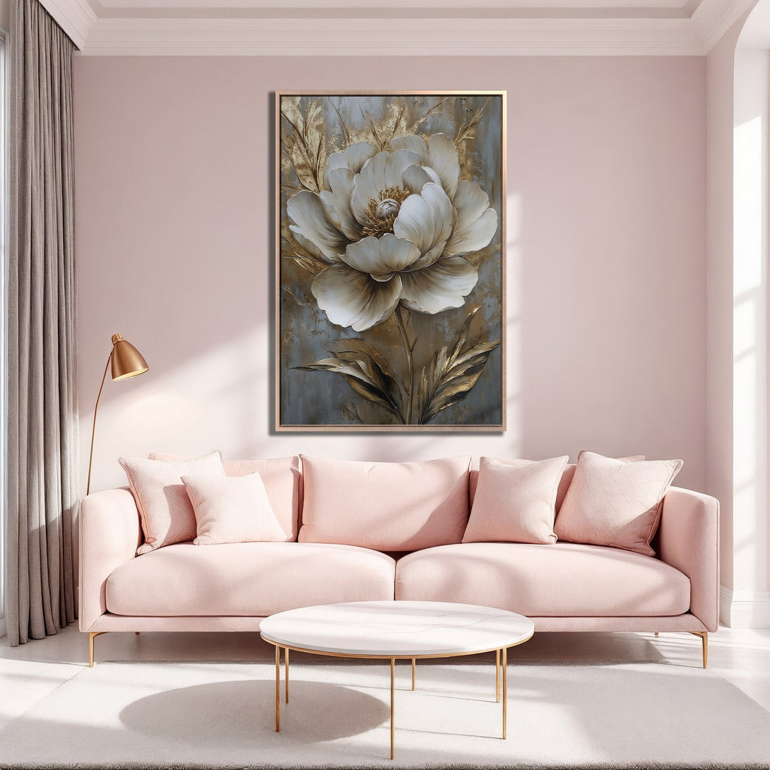 Framed Wall Art: Elegant floral canvas print in a modern interior. Featuring a large white peony with gold accents. Soft pink and neutral color palette.