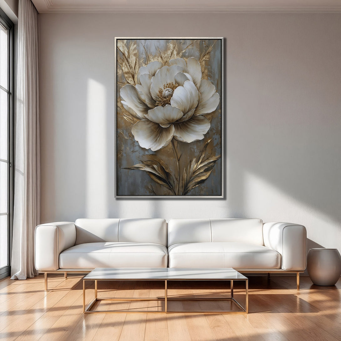 Framed Wall Art featuring a large, elegant white and gold flower. Modern style, neutral palette. Perfect for living room decor.