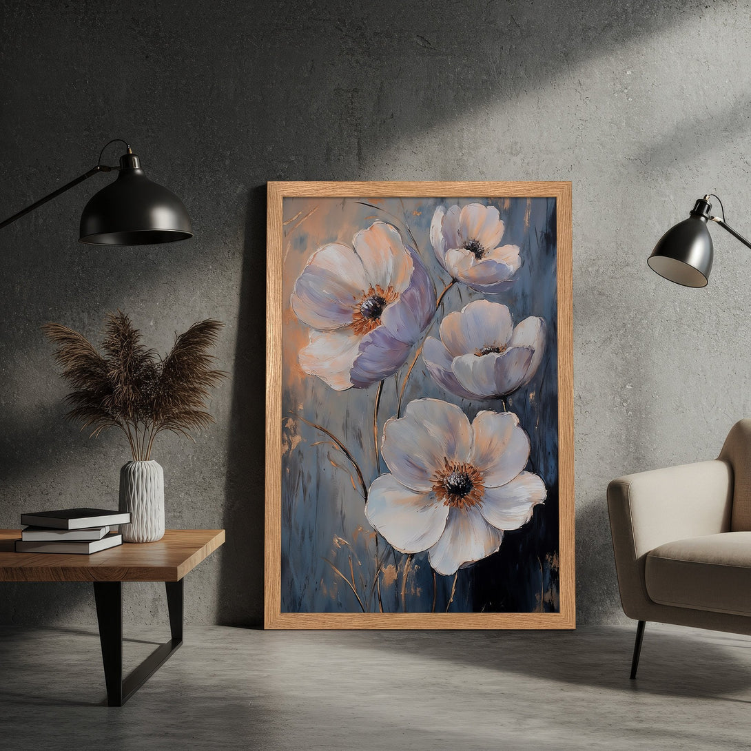 Framed Poster featuring elegant white flower art, with a soft, painterly style and a calming blue and neutral color palette. Perfect wall decor!
