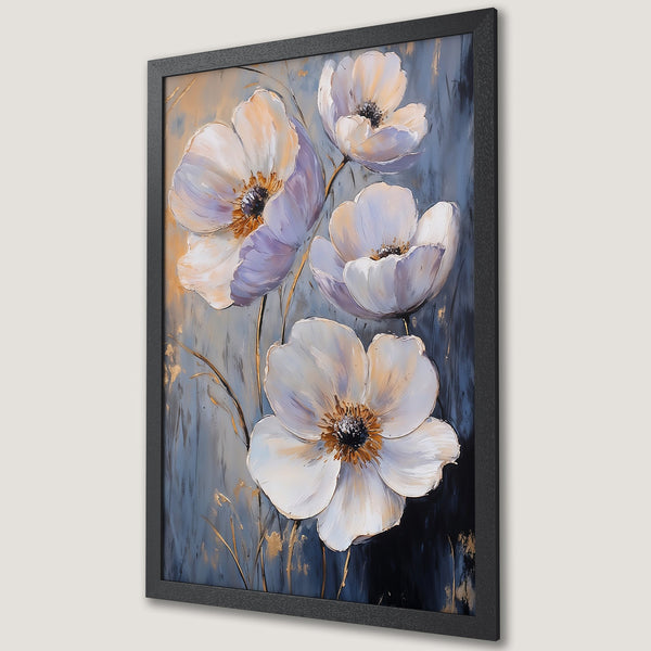 Framed Poster featuring white floral art with a blue and gold color palette. Elegant wall decor for any space.