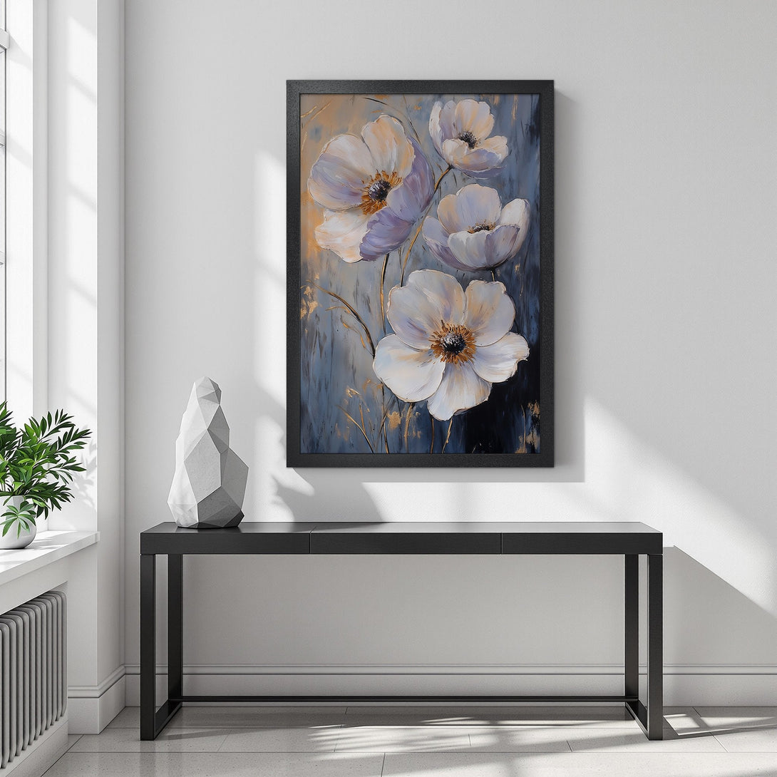 Framed Poster featuring white floral art in a modern style with a blue and gold color palette. Perfect wall decor for any room!