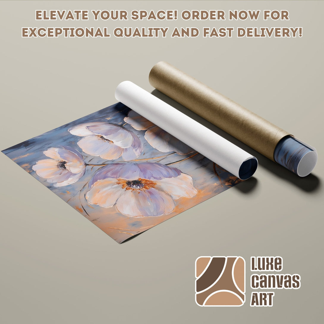 Floral art Poster Roll in blue, peach, and white color palette. Elevate your space!
