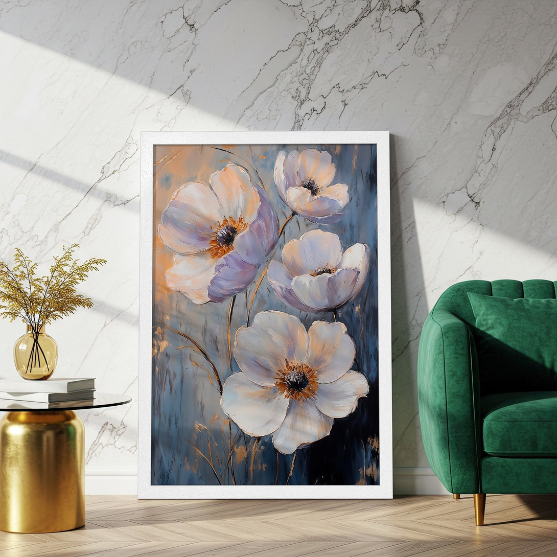 Framed Poster featuring elegant floral art. Soft, impressionistic style with a calming blue, white, and gold color palette. Perfect for home decor.