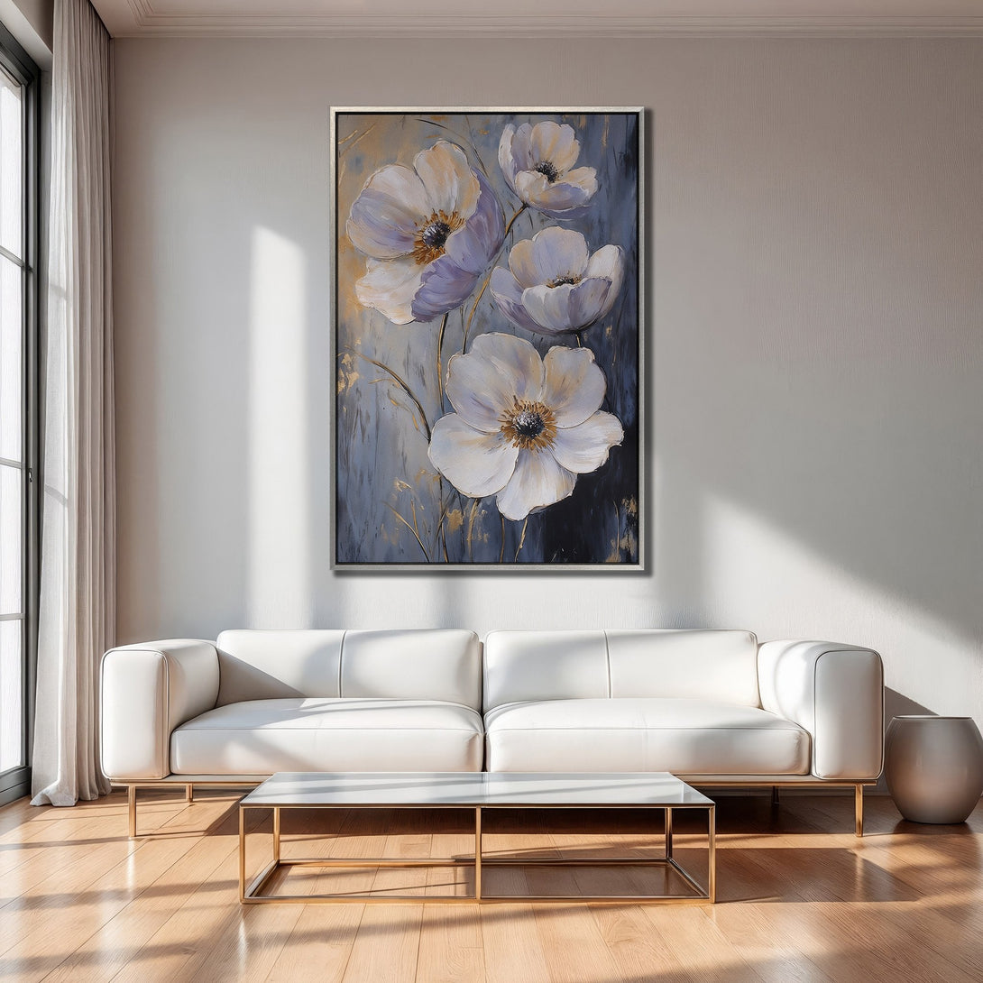 Framed Wall Art: Elegant floral painting with white, gold, and gray tones. Modern canvas print adds sophistication to any living room. Shop now!