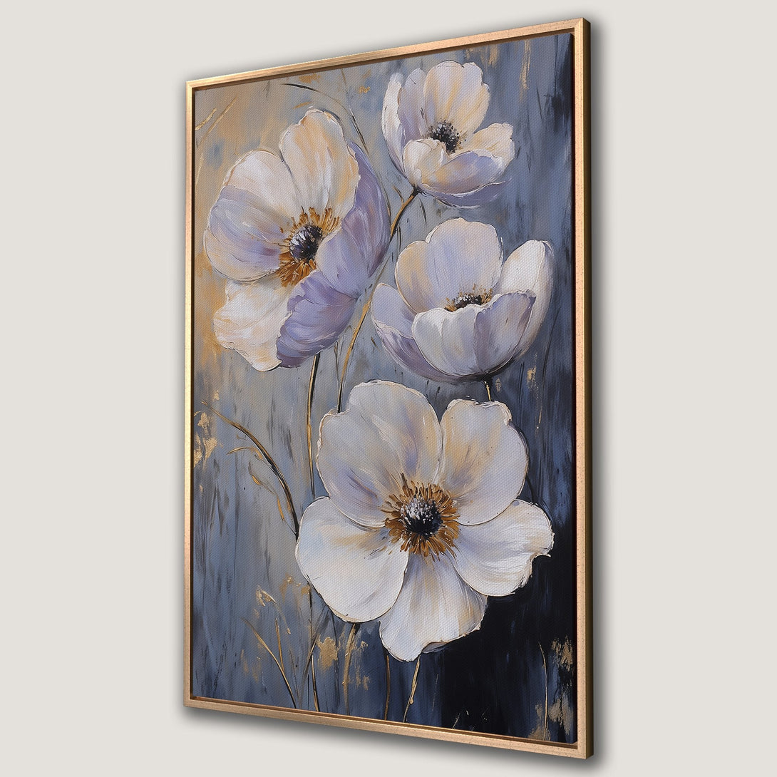 Framed Wall Art featuring elegant white floral painting with a gold frame. Soft, neutral color palette with touches of gold. Perfect for modern home decor.