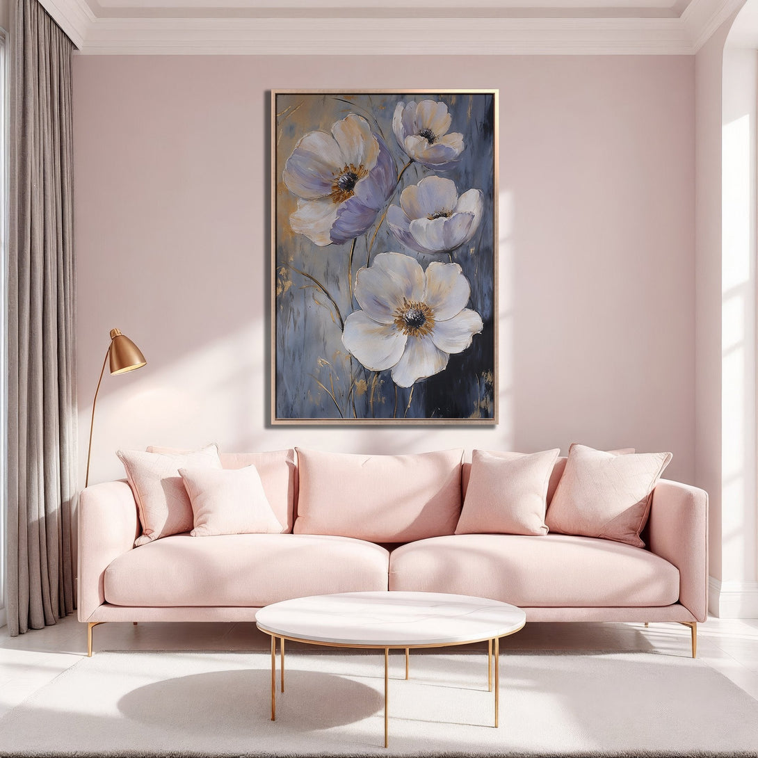 Framed Wall Art featuring elegant floral painting in soft white and lavender hues. Perfect for adding a touch of sophistication to any space.