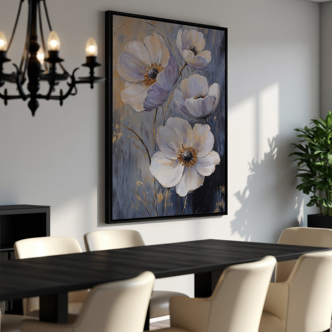 Framed Wall Art featuring elegant white flower painting with gold accents on a gray and blue background. Modern floral art to elevate your space!