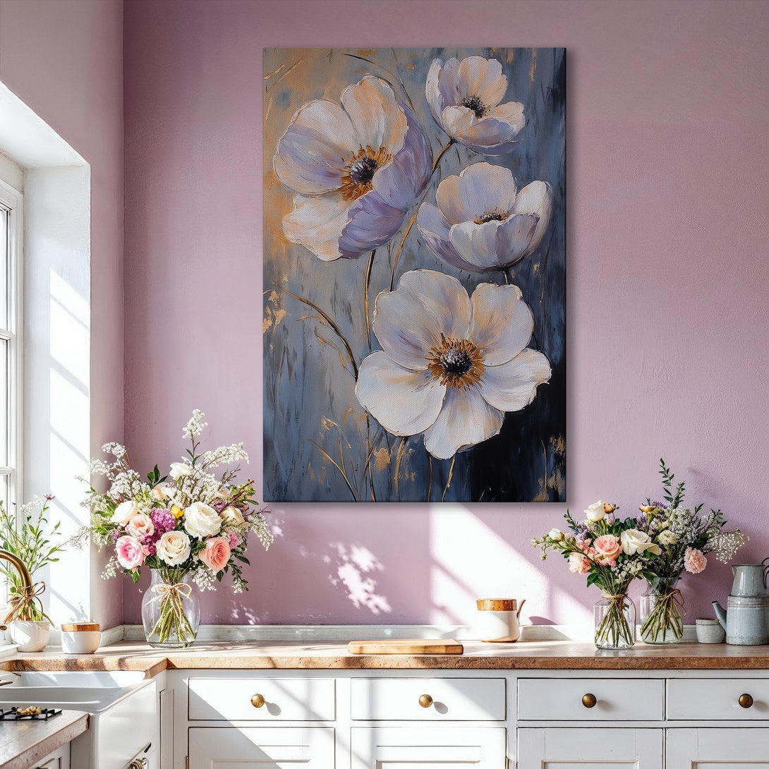 Framed Wall Art featuring elegant white floral painting with gold accents. Modern art in a muted blue, gray, and gold color palette. Perfect for living room decor.