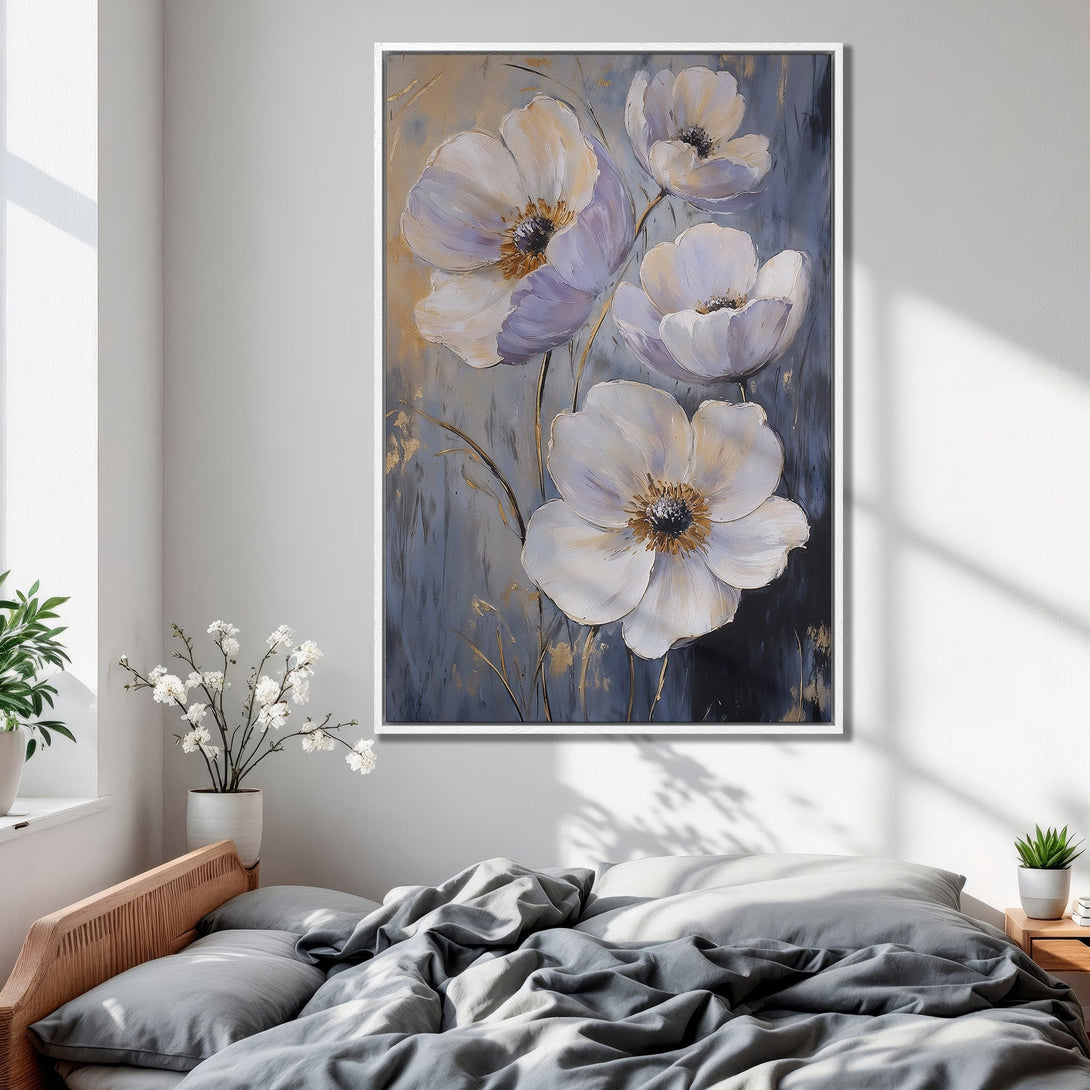 Framed Wall Art featuring elegant white floral painting with a calming gray and gold color palette, perfect for bedroom decor.
