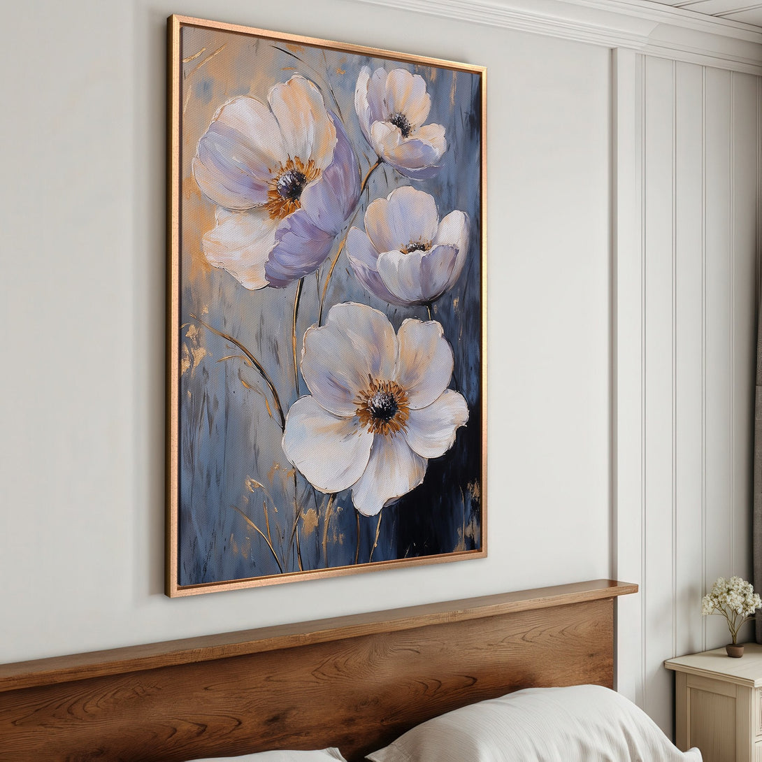 Framed Wall Art: Floral abstract canvas print with white, lavender, and gold flowers on a blue-grey background. Perfect for modern home decor.