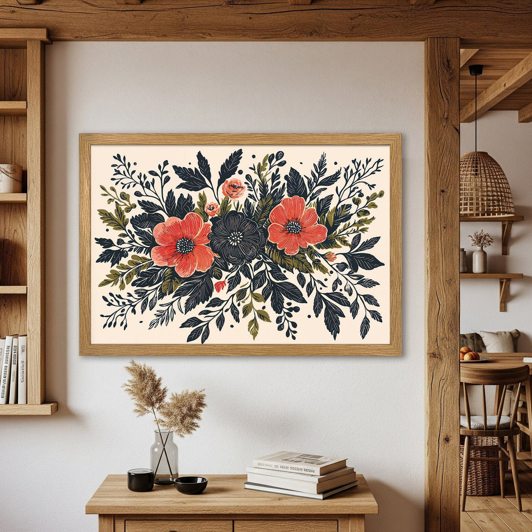 Framed Poster featuring floral art in a botanical style with a red, black, and green color palette. Perfect wall decor!