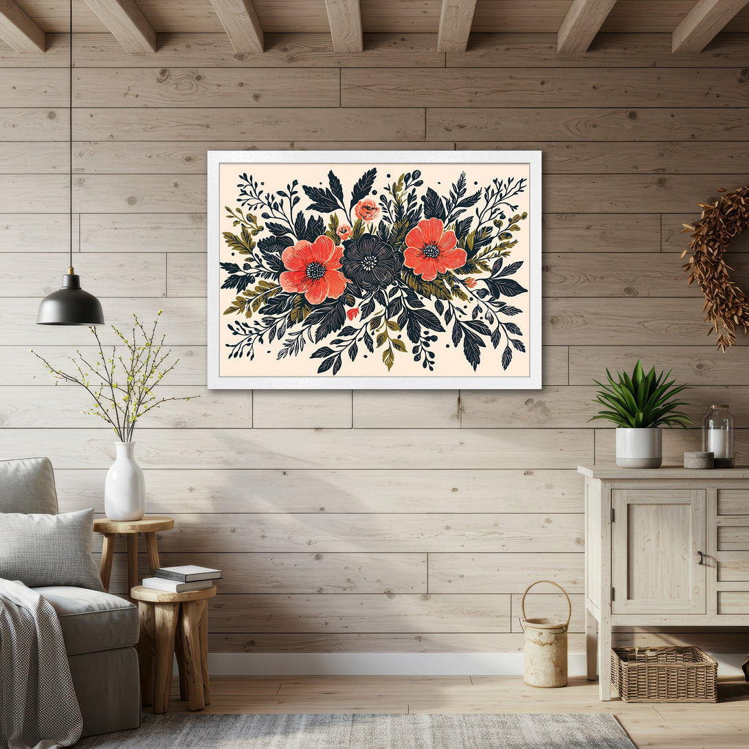 Framed Poster featuring a floral design in a botanical style with a red, black, and green color palette. Perfect wall art!