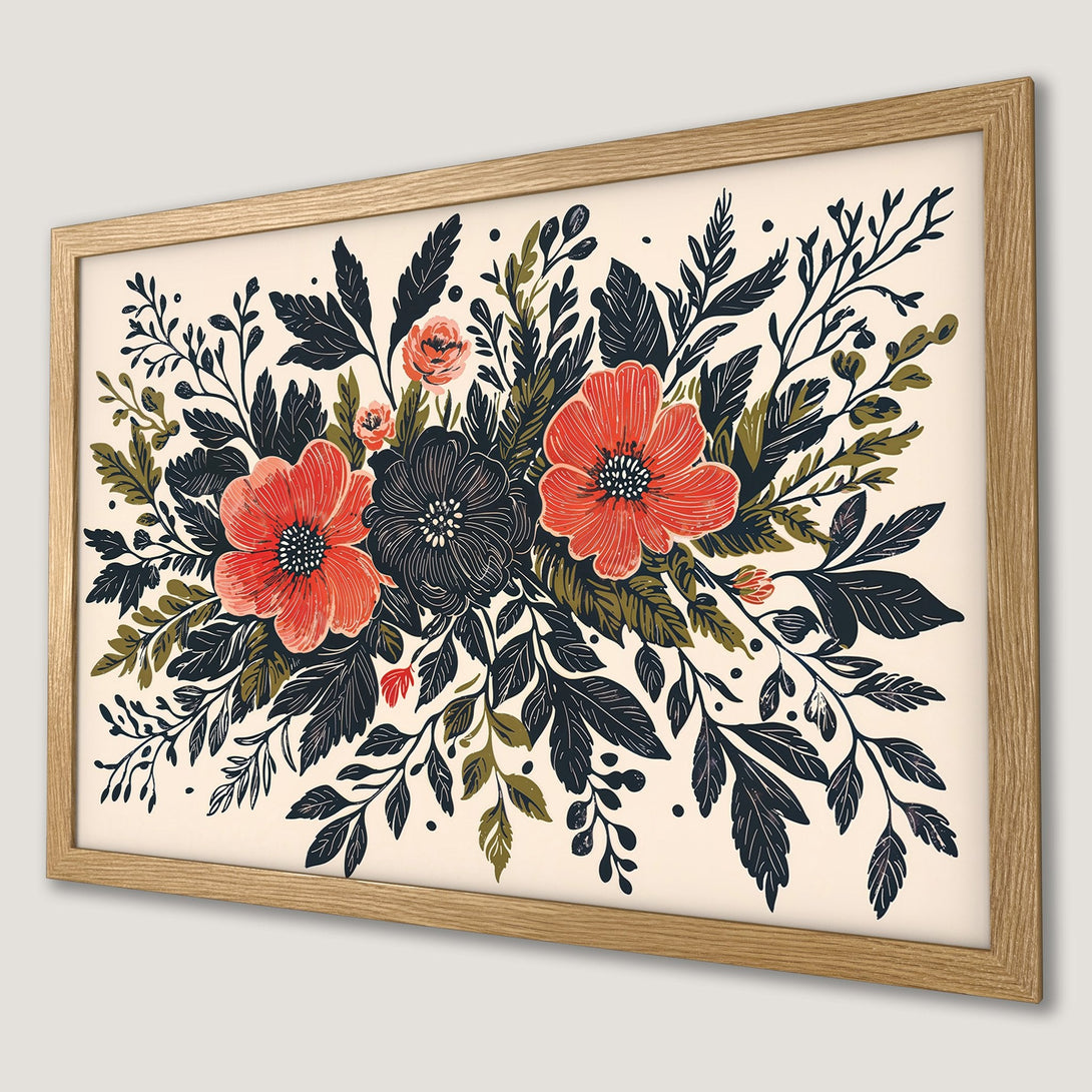Framed Poster featuring a floral botanical design in a vintage style with a warm color palette of red, black, and green.