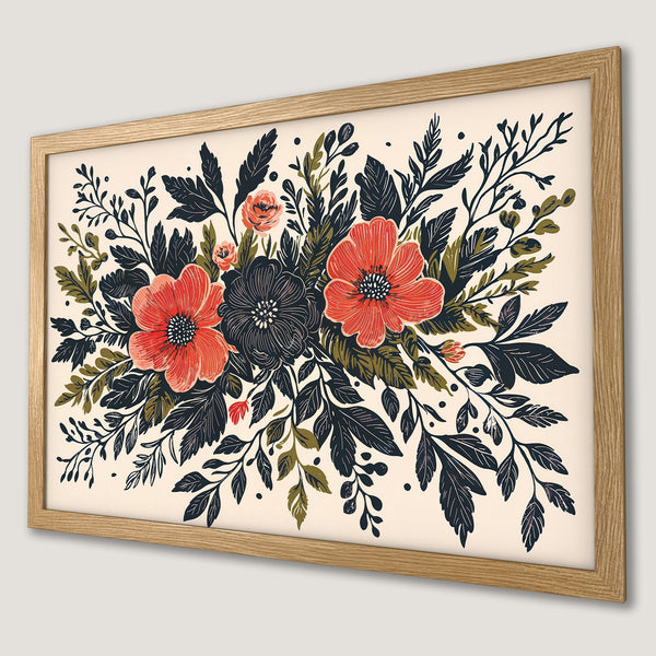 Framed Poster featuring a floral botanical design in a vintage style with a warm color palette of red, black, and green.