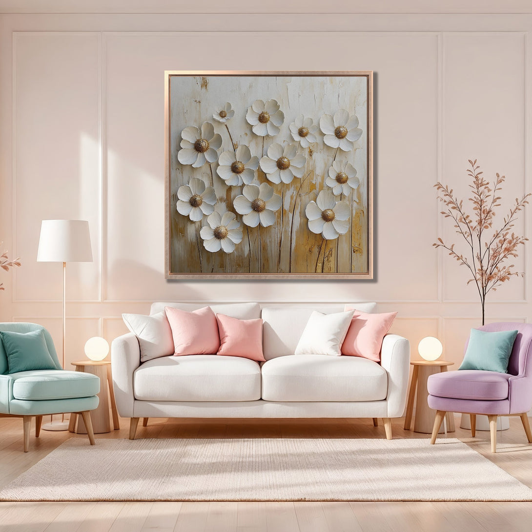 Framed Wall Art featuring white floral design in a warm, neutral color palette. Perfect for adding a touch of elegance to your space!