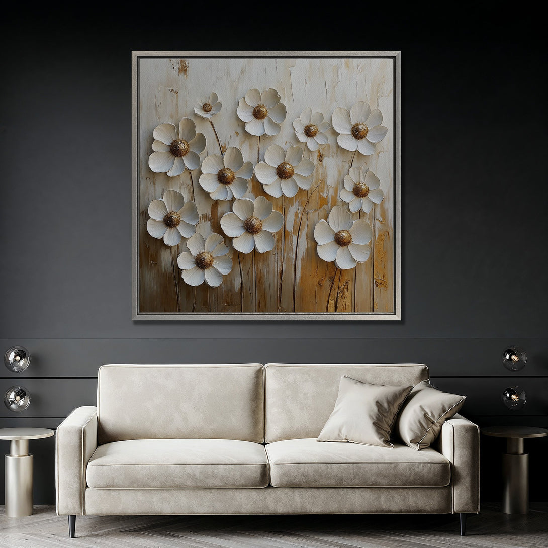 Framed Wall Art: Textured white flower canvas print with gold accents, displayed in a modern living room. Neutral color palette, perfect for home decor.