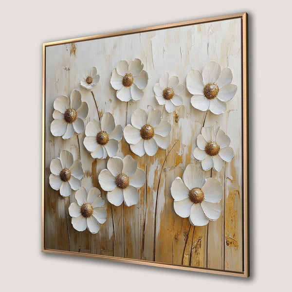 Framed Wall Art: Textured white flower painting with gold accents. Modern floral Canvas Print in neutral tones for elegant home decor.