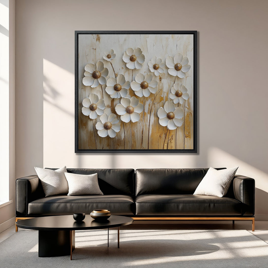 Framed Wall Art featuring white textured flowers on a neutral background. Modern, minimalist style with a warm, earthy color palette. Perfect for living room decor.