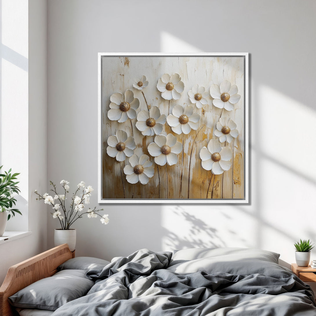 Framed Wall Art featuring white floral art. Neutral color palette with gold accents. Perfect for bedroom decor. Elevate your space with this beautiful canvas print.