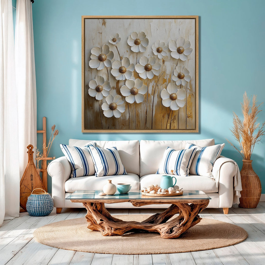 Framed Wall Art featuring white floral art in a coastal living room. Neutral and blue color palette. Perfect for adding a touch of nature to your home!