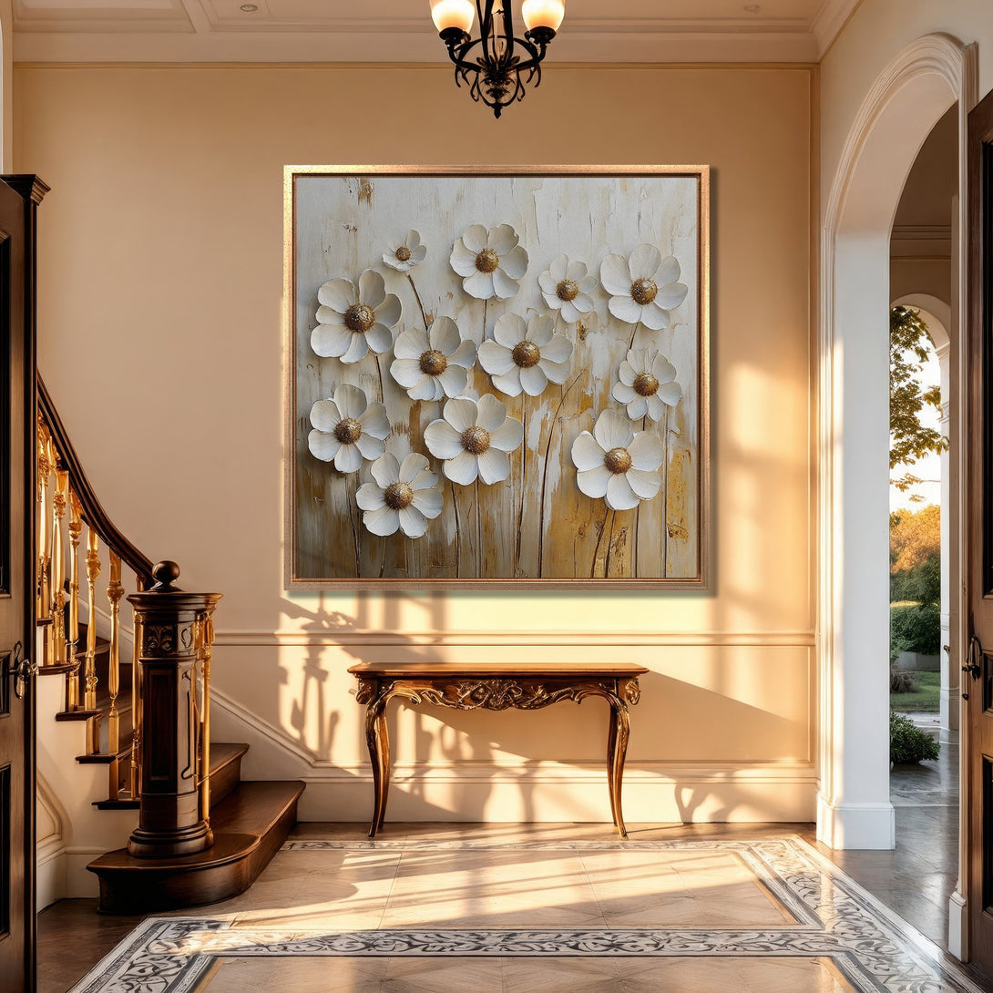 Framed Wall Art: Elegant white flower canvas print in a warm, neutral interior. Modern floral art with gold accents, perfect for home decor.