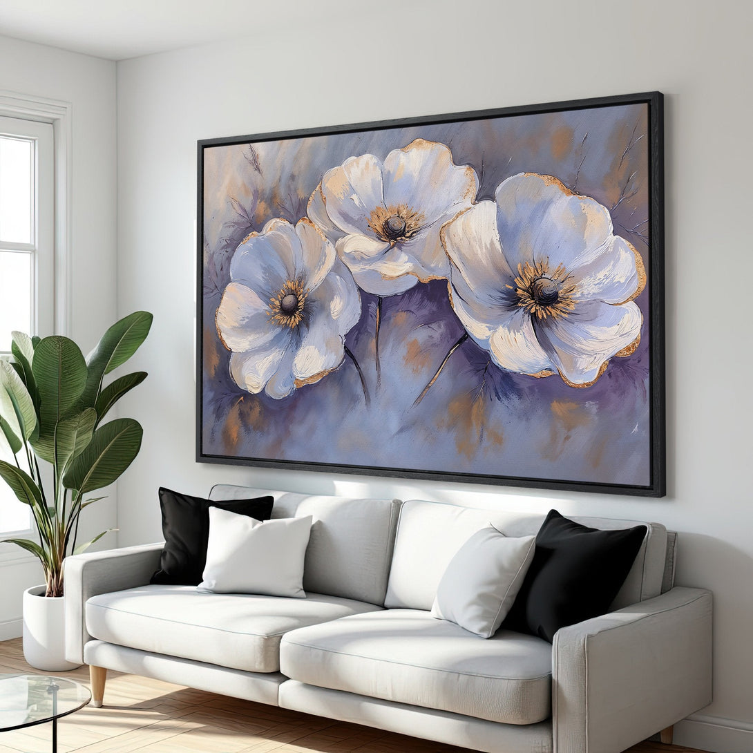 Framed Wall Art featuring elegant white floral painting with gold accents. Modern art in a soothing blue and purple palette. Perfect for home decor.