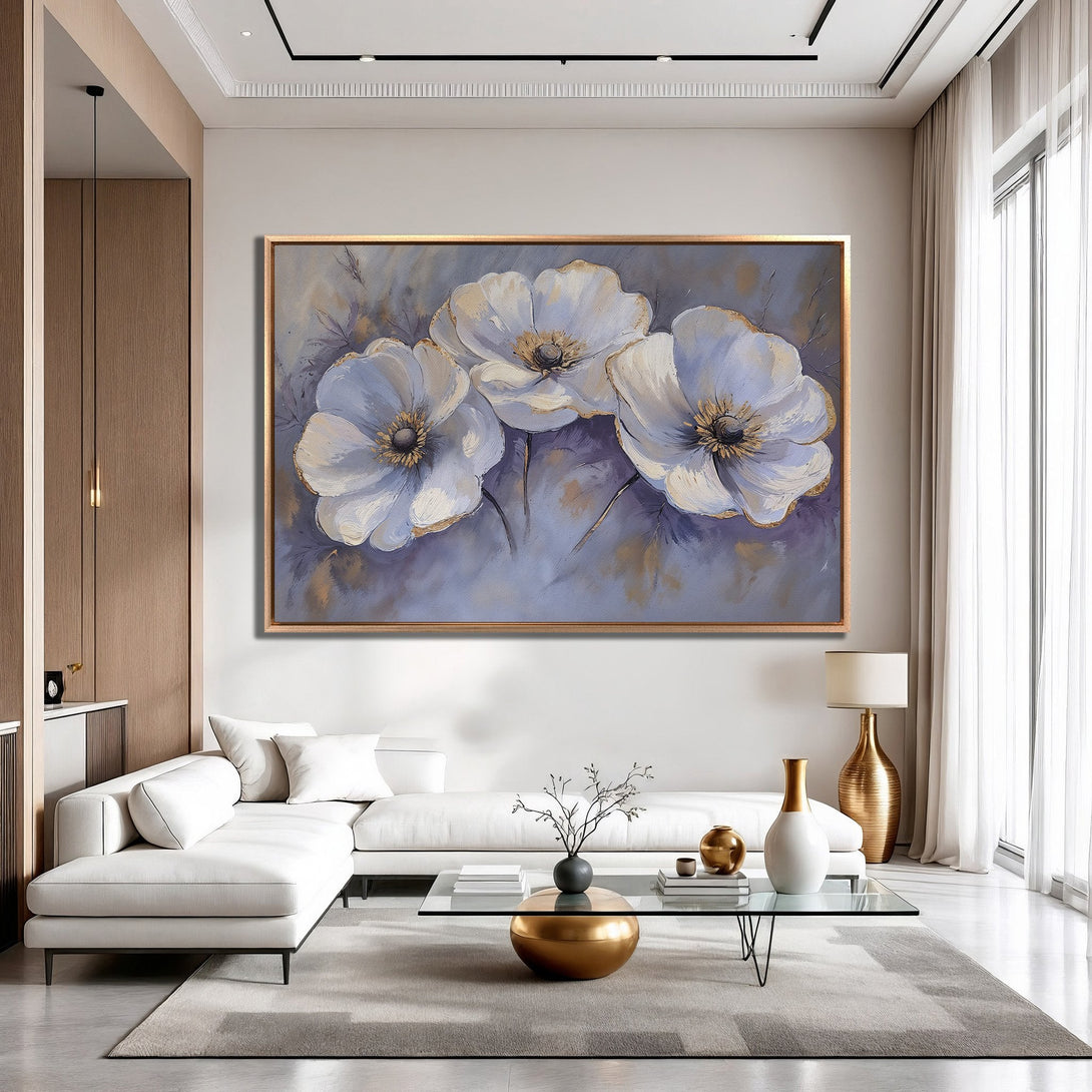 Framed Wall Art: Elegant floral painting in soft blue and gold hues. Modern canvas print adds a touch of sophistication to any interior.