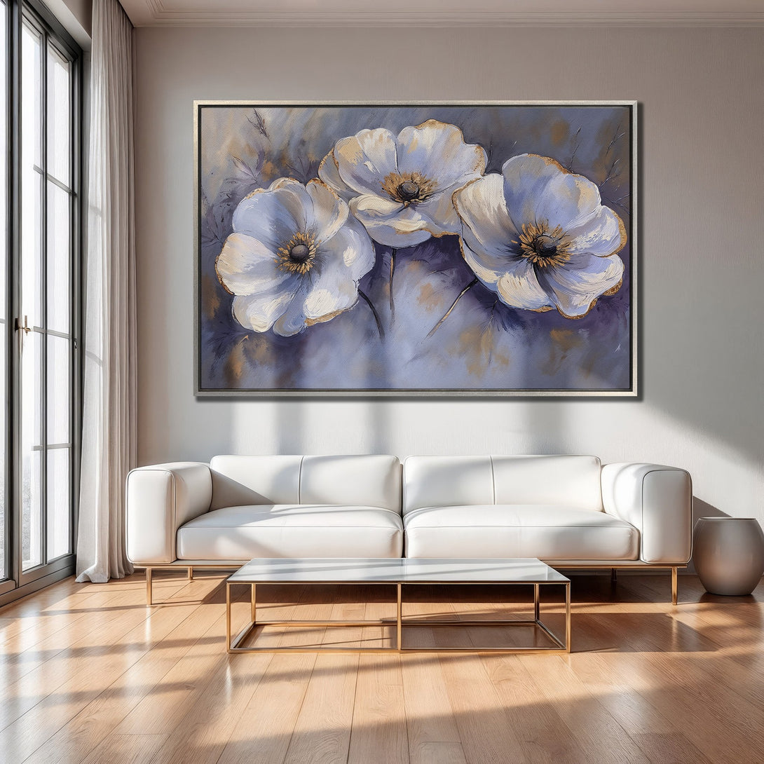 Framed Wall Art of white floral painting in modern interior. Featuring a muted blue and gold color palette. Perfect for living room decor.