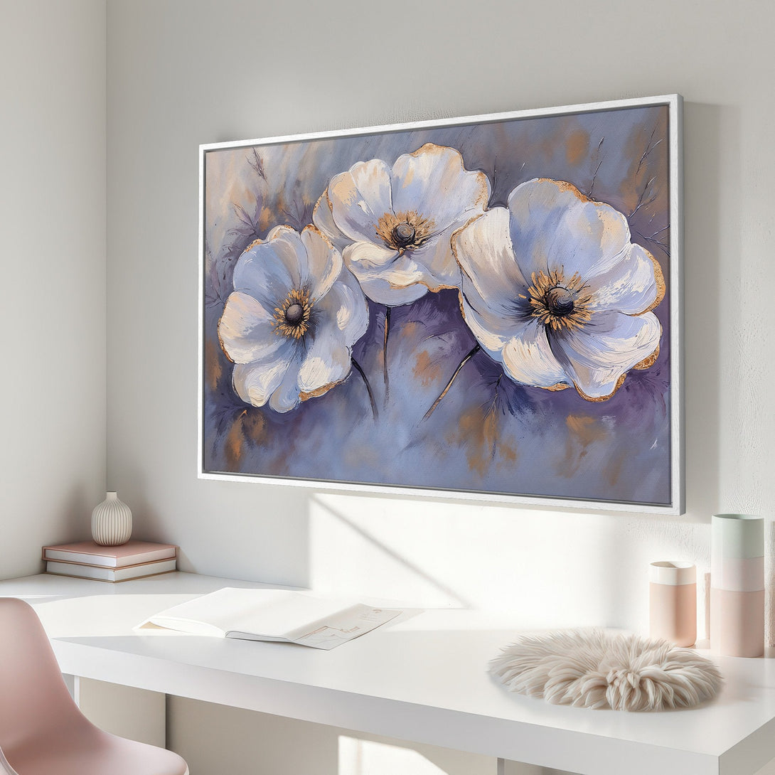 Framed Wall Art: Elegant floral Canvas Print with white, gold, and purple tones. Modern art for a stylish home interior.