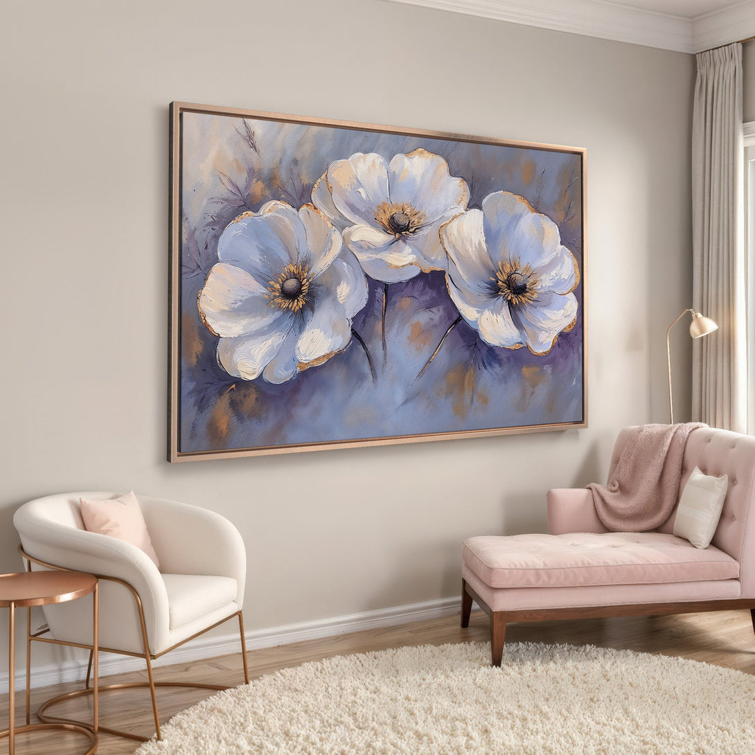 Framed Wall Art: Elegant floral Canvas Print in a modern interior. Features white flowers with gold accents on a blue/purple background. Perfect for home decor.