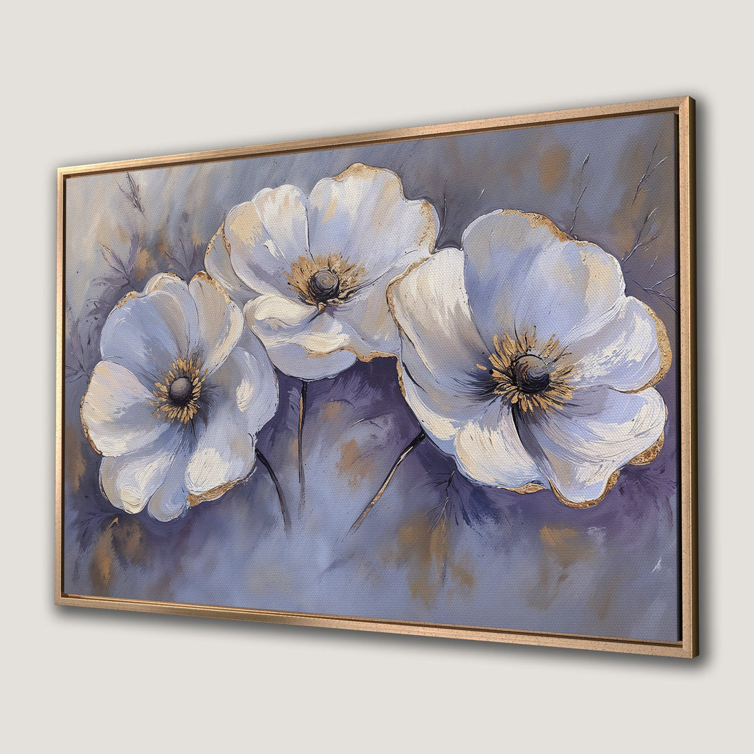 Framed Wall Art of elegant white flowers with gold accents on a soft purple and gray background. Perfect for adding a touch of sophistication.
