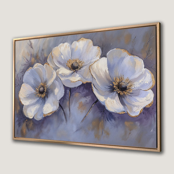 Framed Wall Art of elegant white flowers with gold accents on a soft purple and gray background. Perfect for adding a touch of sophistication.