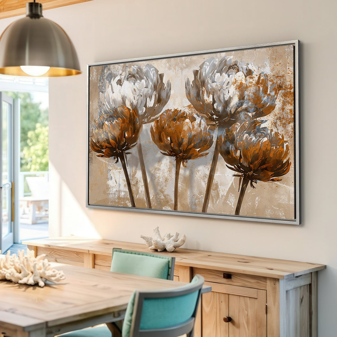 Framed Wall Art featuring abstract floral art in neutral tones of beige, white, and burnt orange. Modern art for home decor.