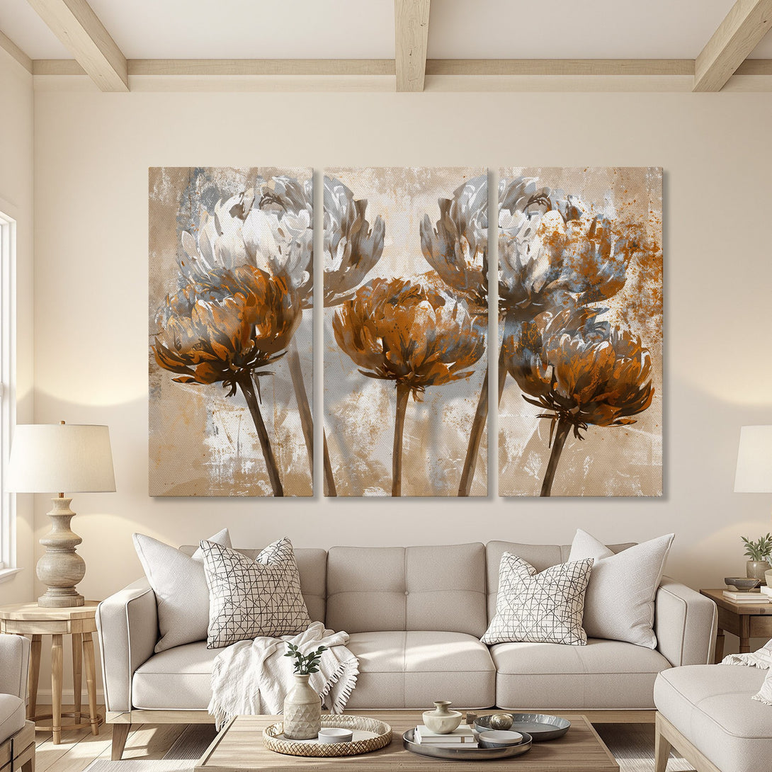 Abstract floral Canvas Print in warm neutral tones. Modern wall art featuring orange & gray blooms, perfect for living room decor.