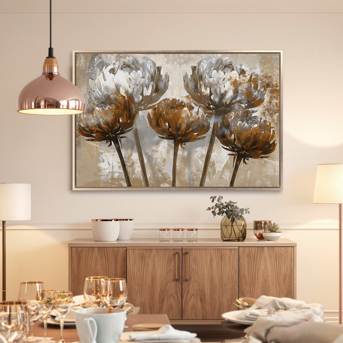 Framed Wall Art featuring abstract floral design in neutral tones. Modern canvas print for living room or dining room decor.