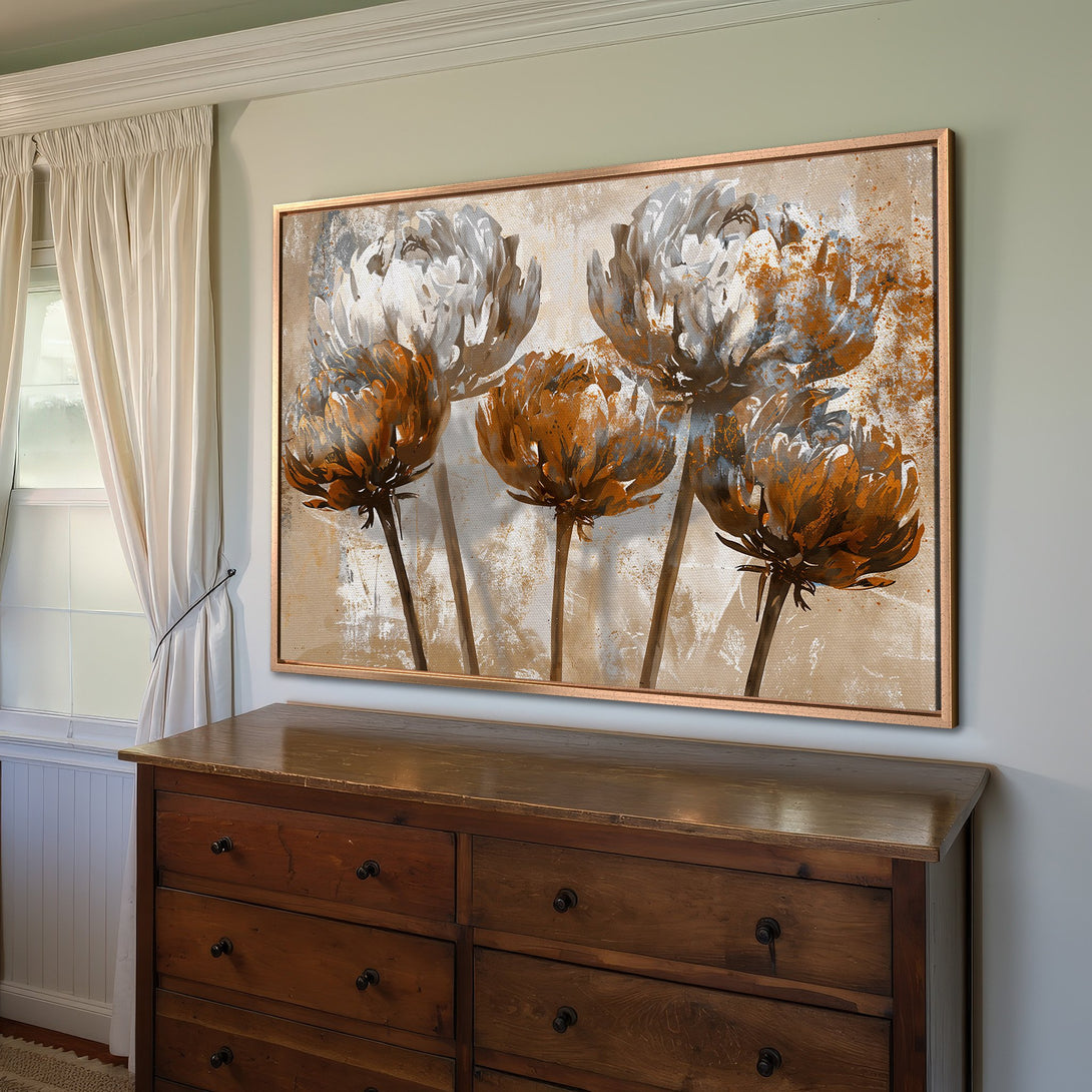 Framed Wall Art: Abstract floral Canvas Print in warm orange and neutral tones. Perfect for adding a touch of modern art to your home decor.